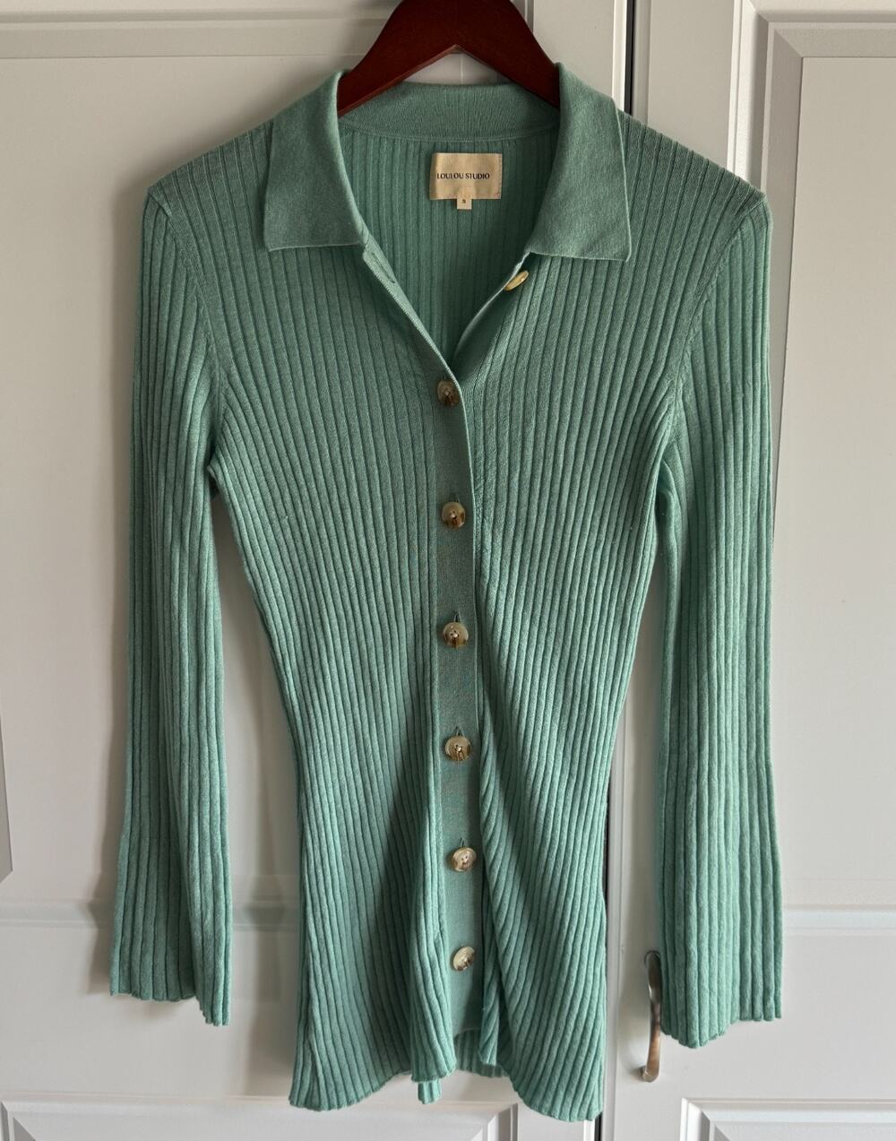 Loulou Studio Biola Ribbed Knit Sweater Top Wool Cashmere Cardigan Green Small